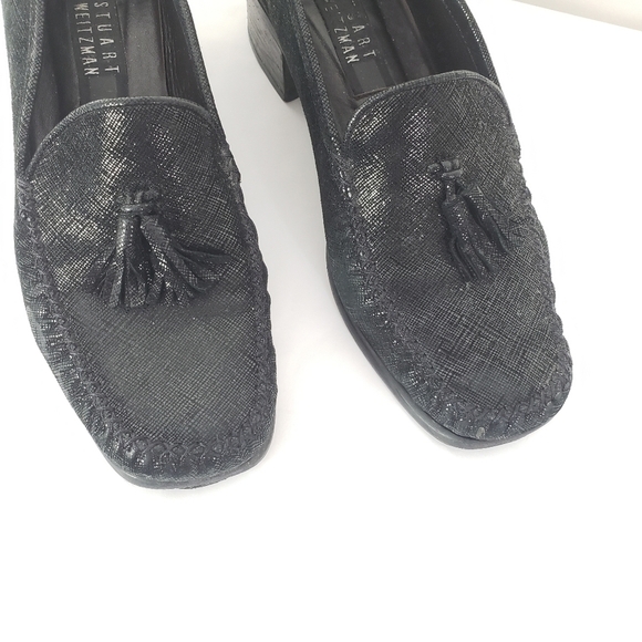 Stuart Weitzman black suede and leather chunky heel loafer metallic sheen 7.5 - Picture 4 of 8